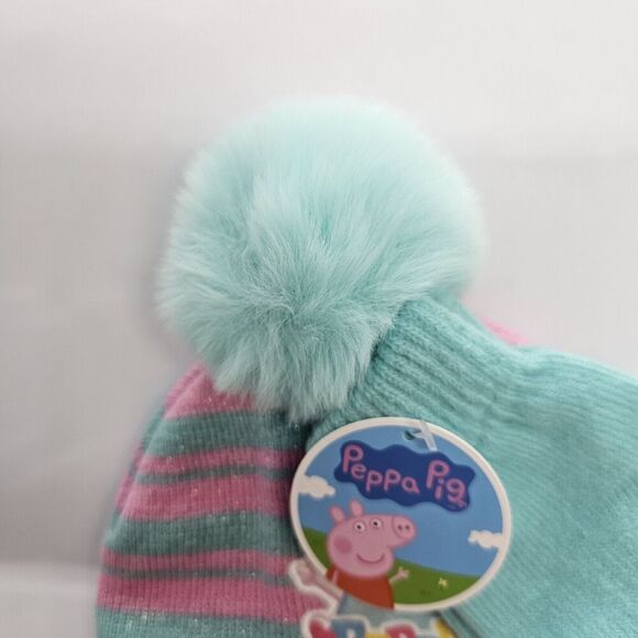 Peppa Pig Beanie Hat and Mittens Set - Pink & Teal Stripes with Pom Pom Toddler - Picture 5 of 10